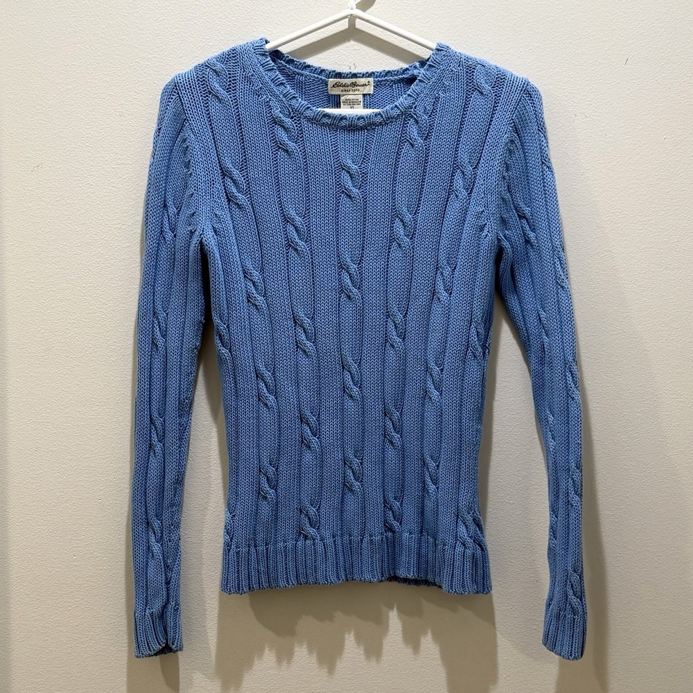 Eddie Bauer Womens Cable Knit Sweater XS Cool Blue Icy Cotton Chunky Fisherman